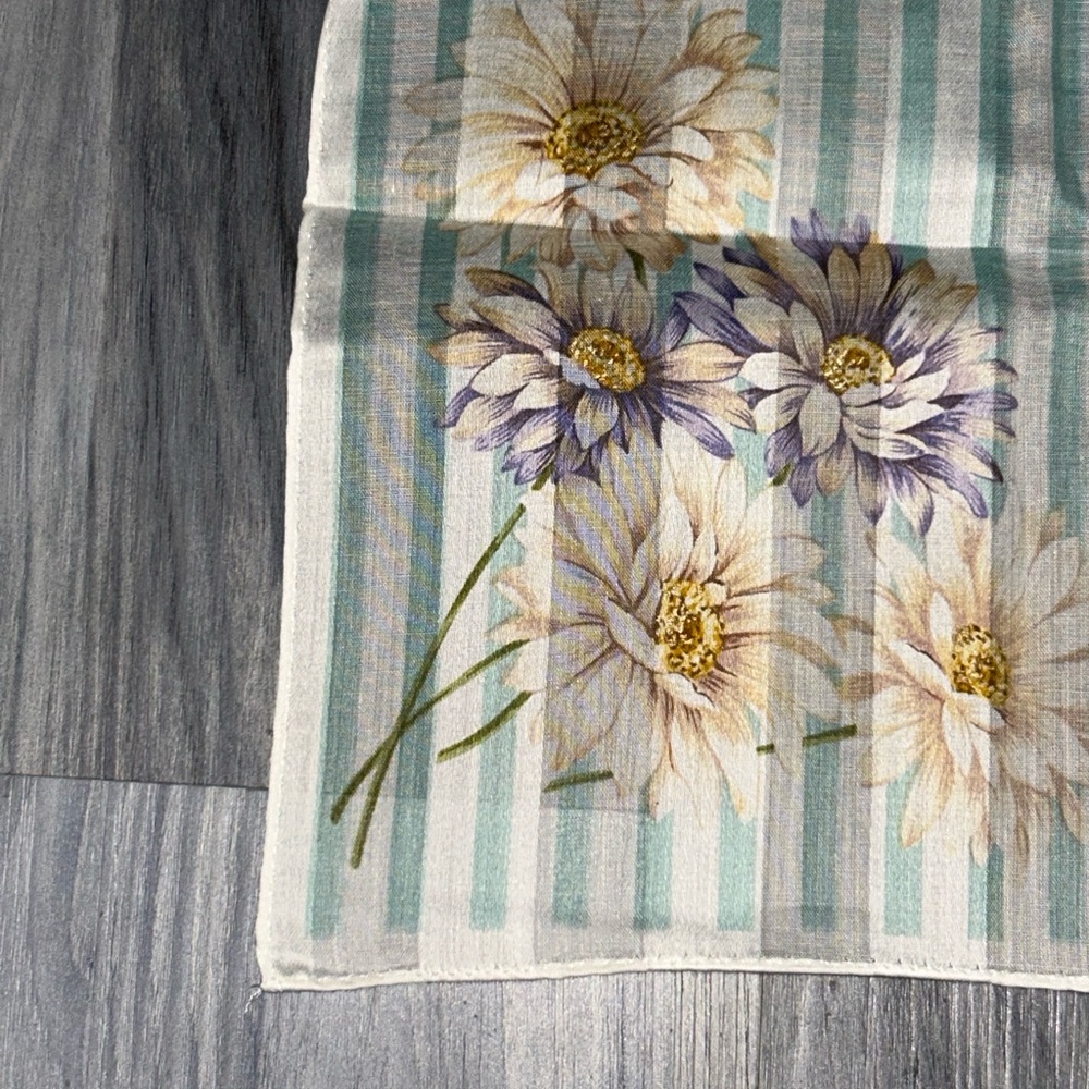 Yves Saint Laurent Vintage Mint & White Striped Floral Cotton Handkerchief Scarf - Picture 5 of 12